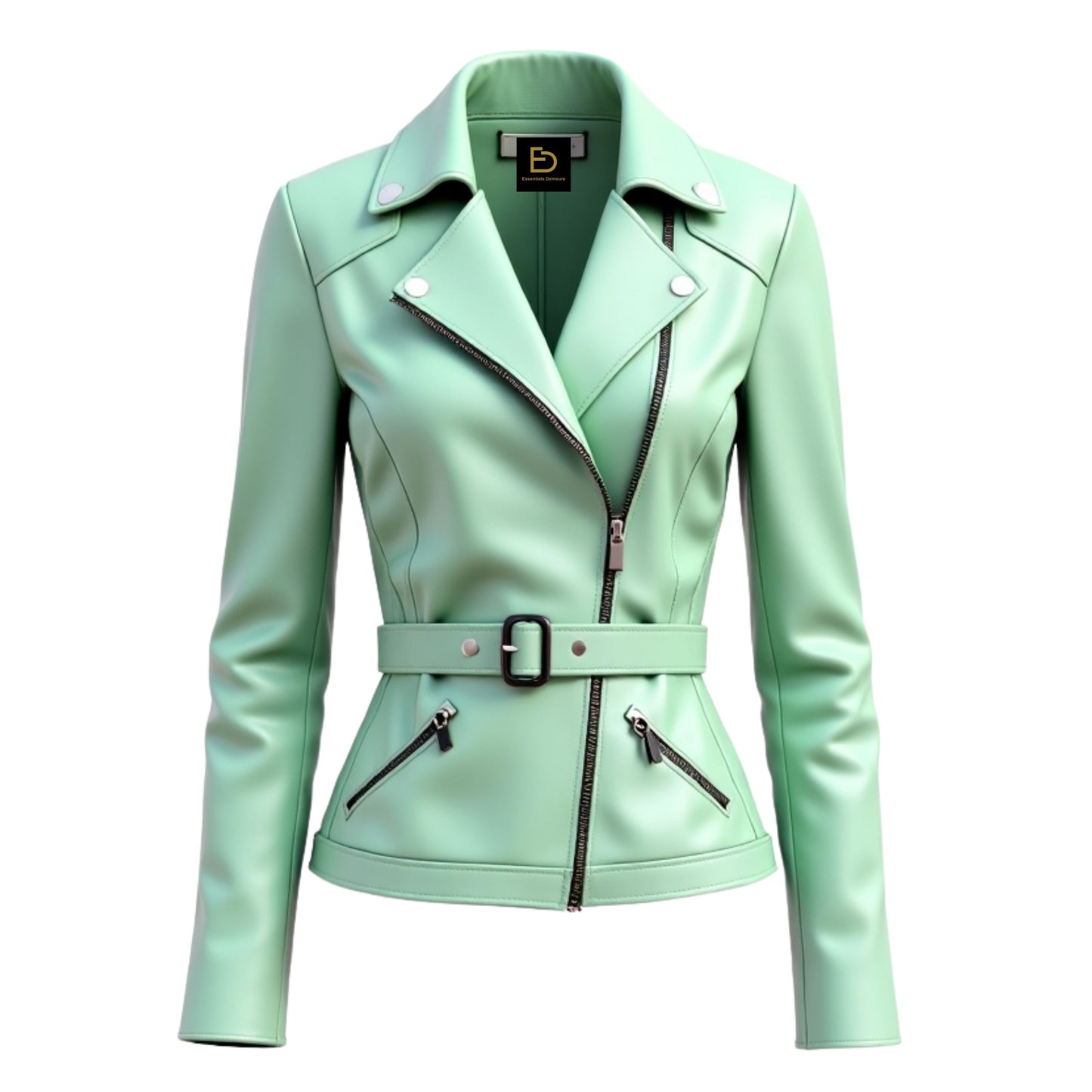 Mint Green Leather Biker Jacket with Belted Moto Style and Asymmetrical Zipper