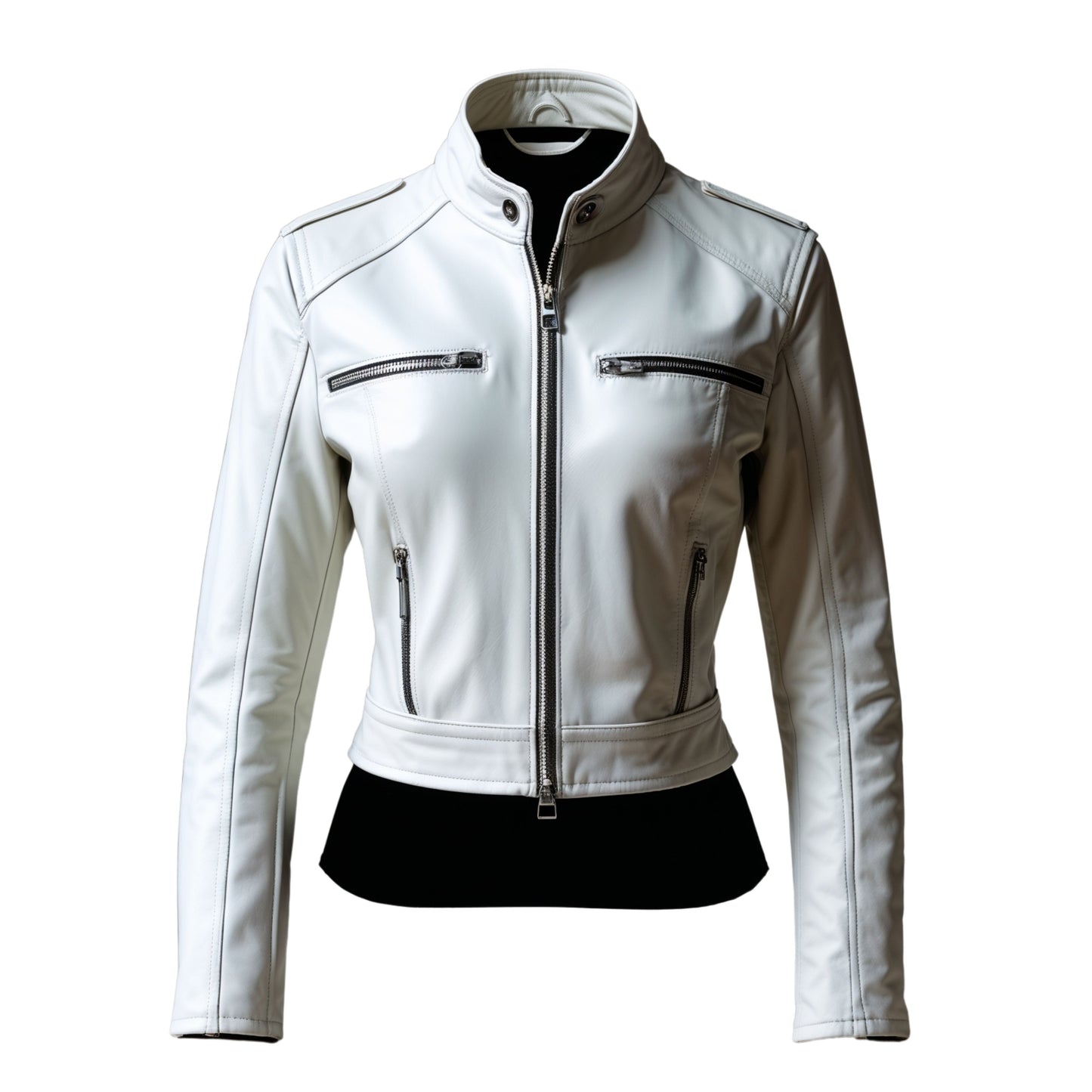 White Real Leather Cafe Racer Jacket: Slim Cropped Fit, Stand Collar