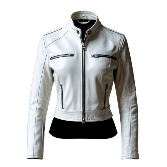 White Real Leather Cafe Racer Jacket: Slim Cropped Fit, Stand Collar