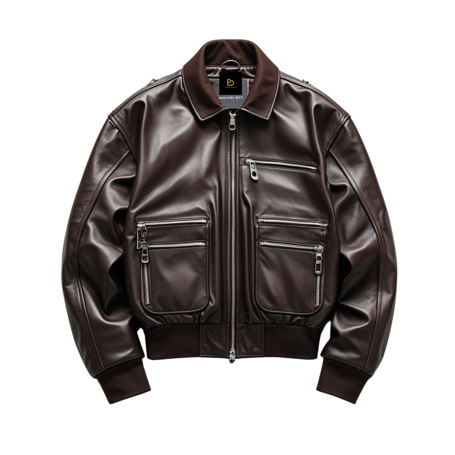 Men's Dark Brown Real Leather Bomber Jacket – Modern Multi-Pocket Ribbed Cuffs Zipper Front