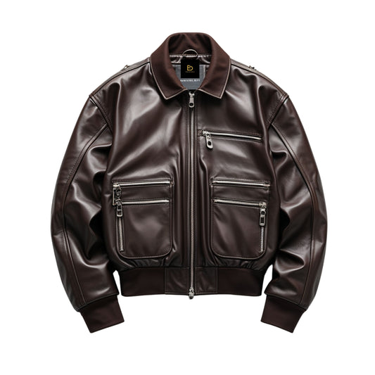 Men's Dark Brown Real Leather Bomber Jacket – Modern Multi-Pocket Ribbed Cuffs Zipper Front