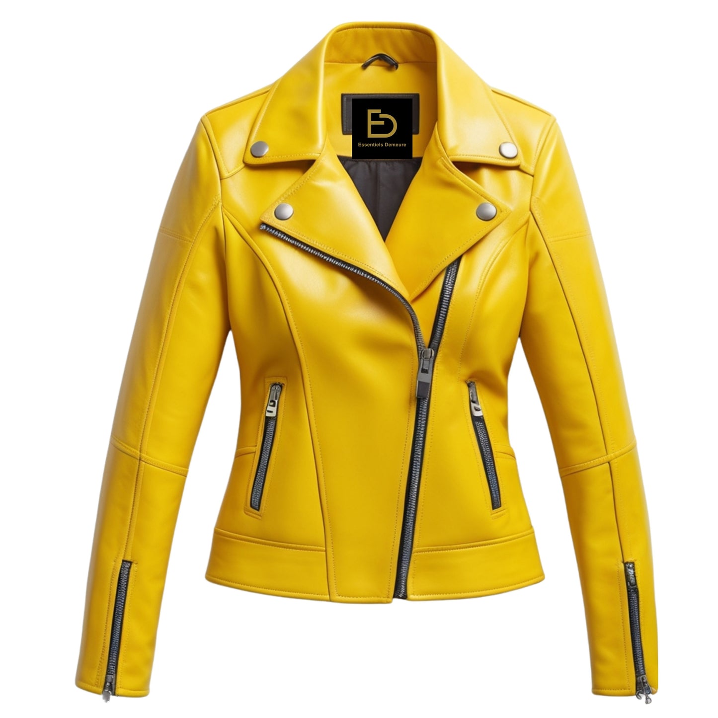 Womens Yellow Real Leather Moto Jacket – Asymmetrical Zip Biker Style