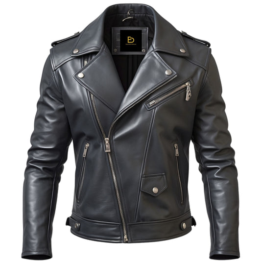 Men's Real Leather Black Biker Jacket – Classic Motorcycle Design, Asymmetrical Zipper