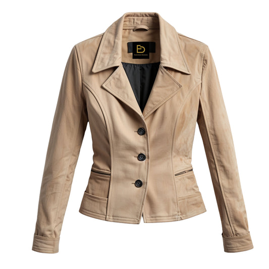 Women's Real Leather Blazer Jacket: Slim Fit, Notched Lapel, Three-Button Coat Wear