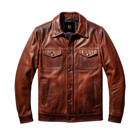 Men's Brown Real Leather Trucker Jacket – Vintage Inspired Button Front Style