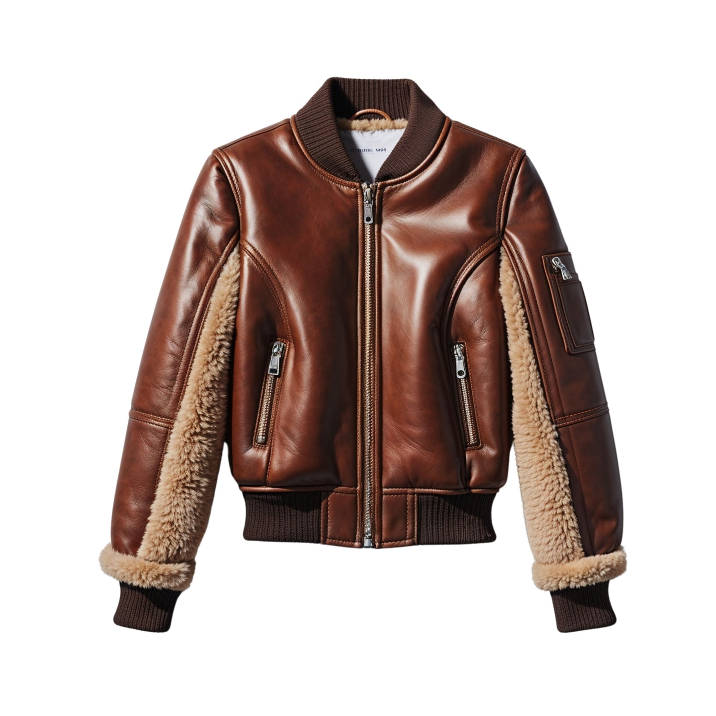 Women's Cognac Brown Leather Shearling Bomber Jacket – Aviator Zip Front Coat