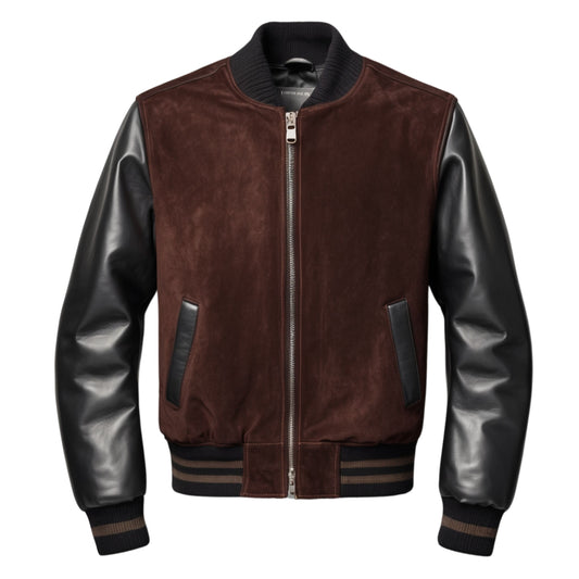 Brown Suede Bomber Jacket Black Leather Sleeves Ribbed Knit Trim Men's Casual Outerwear