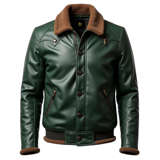 Men's Green Leather Aviator Jacket with Brown Shearling Collar – Vintage Inspired Wear