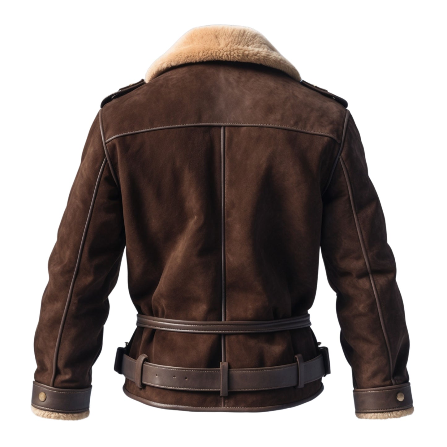 Brown Suede Leather Aviator Jacket with Cream Shearling Collar and Double Buckle Belt