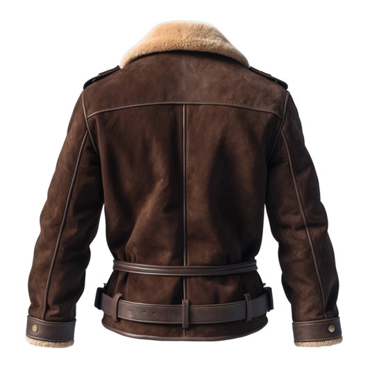 Brown Suede Leather Aviator Jacket Cream Shearling Collar Cuffs Double Buckle Belt Stylish Elegant Wear