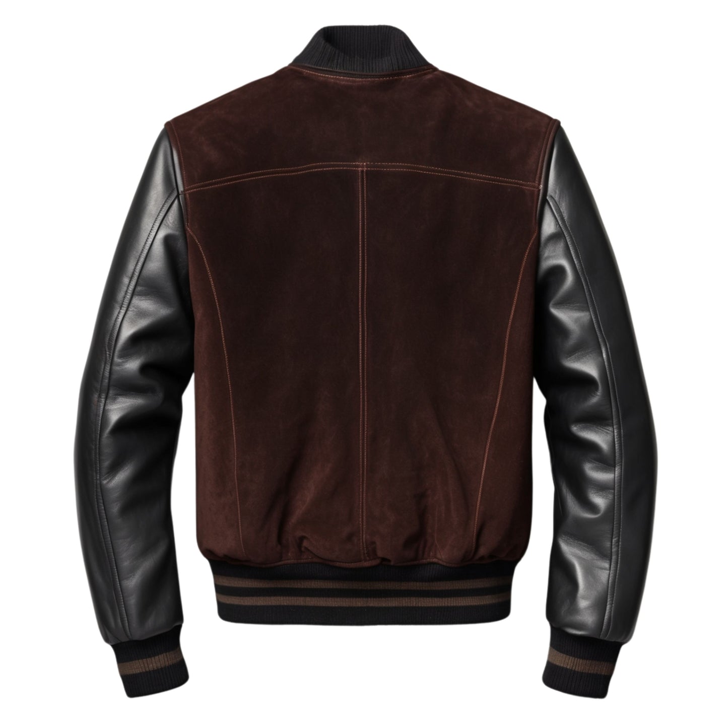 Brown Suede Bomber Jacket Black Leather Sleeves Ribbed Knit Trim Men's Casual Outerwear