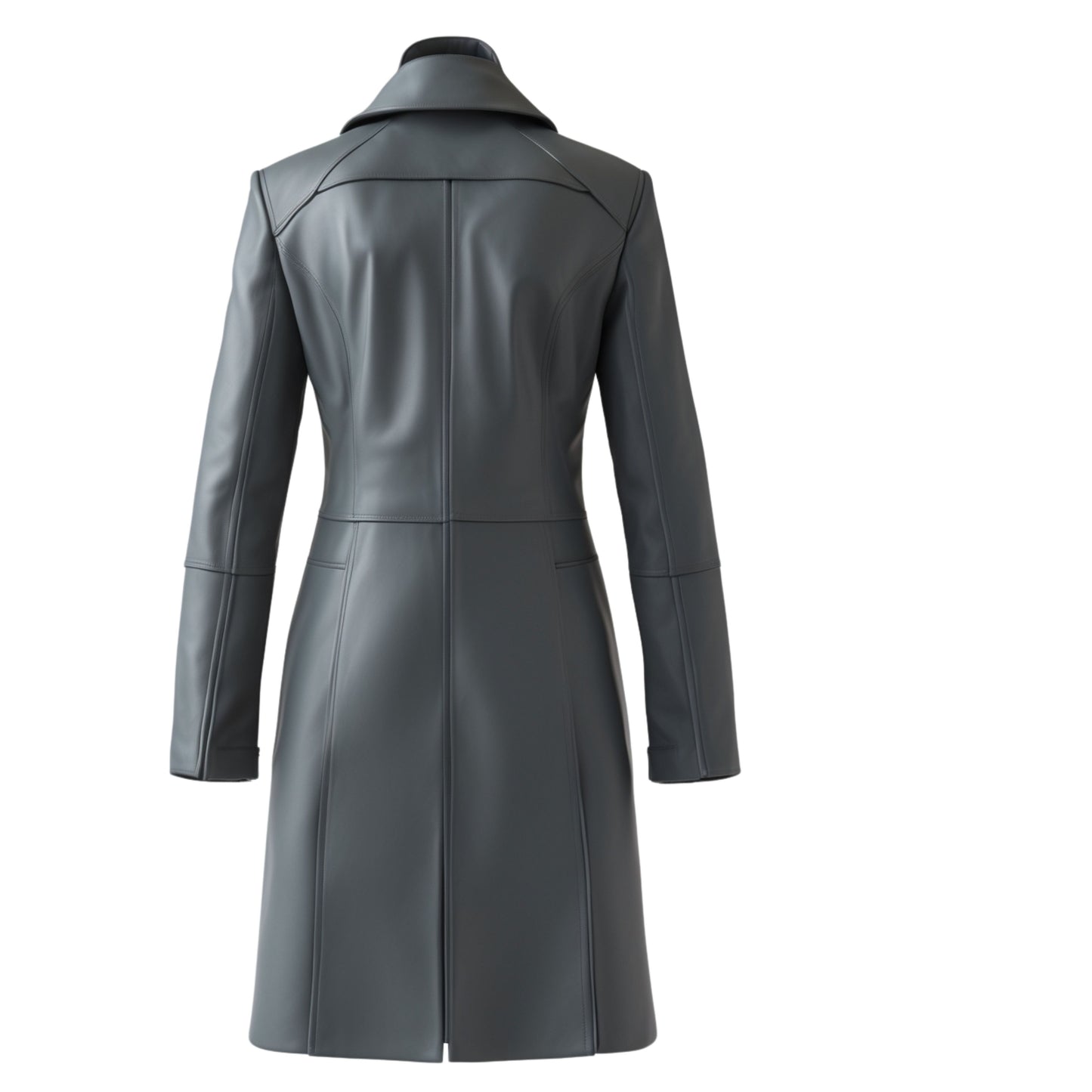 Womens Charcoal Real Leather Trench Coat: Tailored Long Overcoat, Wide Lapel Style