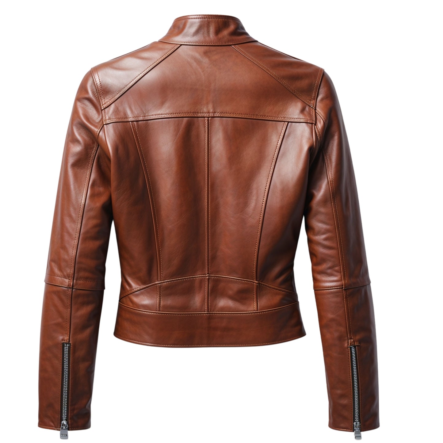 Brown Real Leather Moto Jacket: Stand Collar Zip Front Biker Style Coat