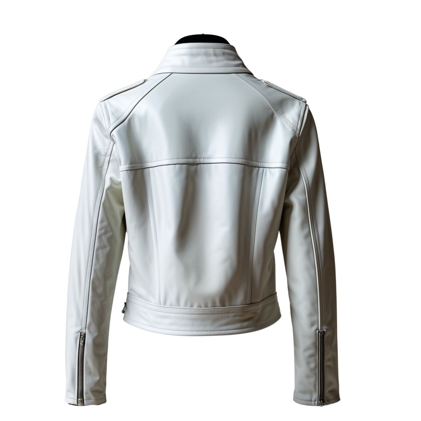 White Real Leather Cafe Racer Jacket: Slim Cropped Fit, Stand Collar
