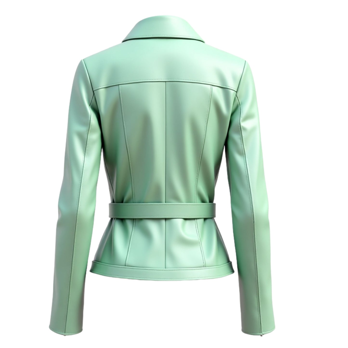 Mint Green Leather Biker Jacket with Belted Moto Style and Asymmetrical Zipper