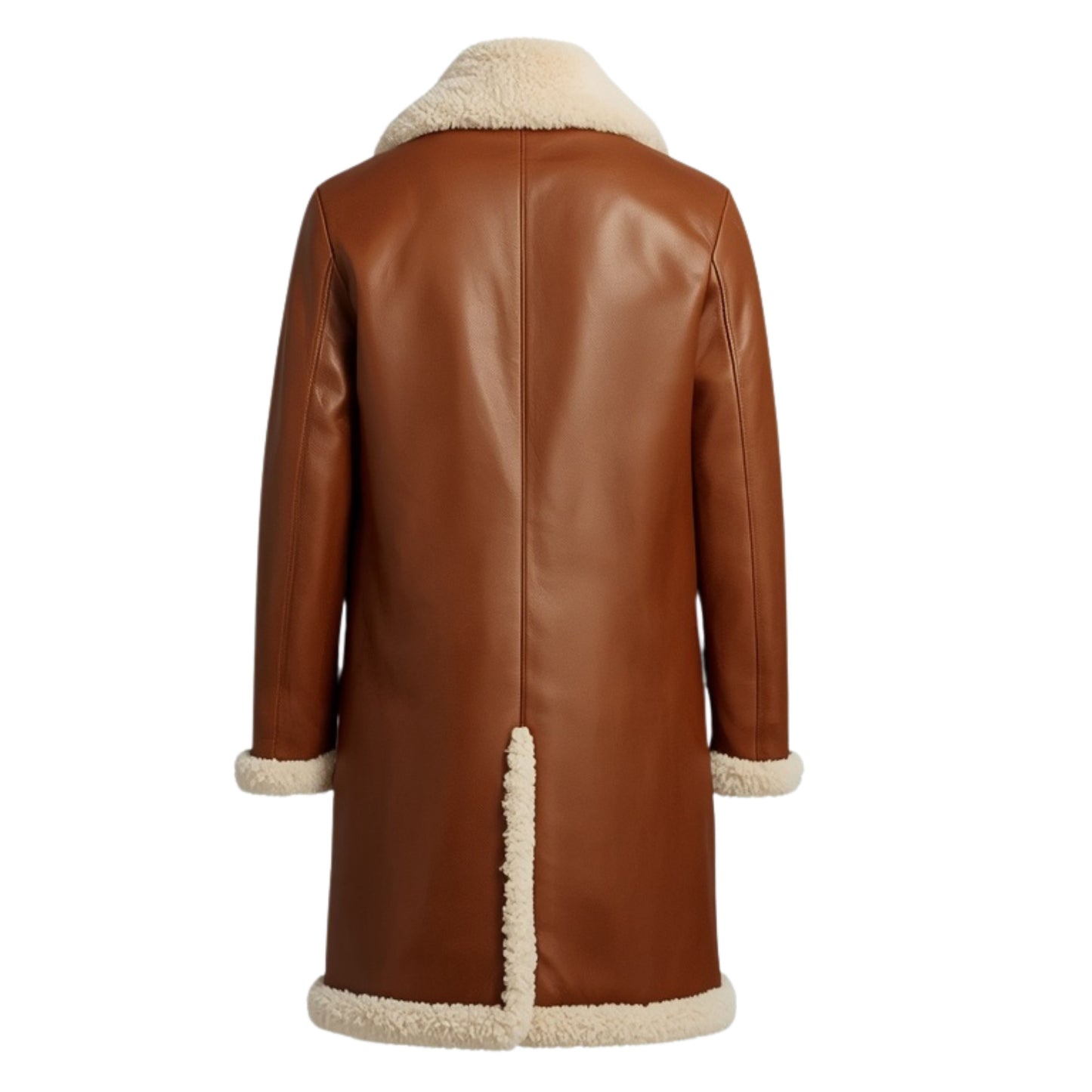 Men's Cognac Brown Leather Shearling Overcoat – Knee-Length Winter Warmth