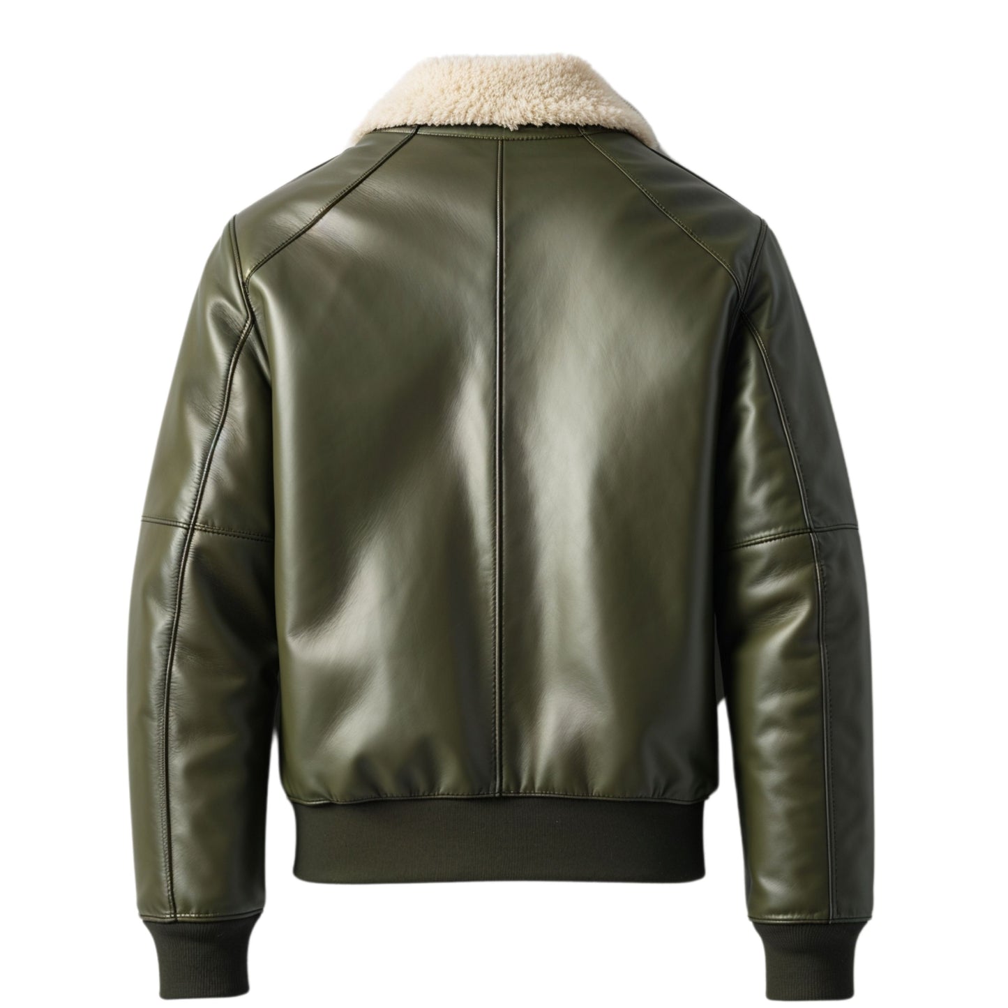Men Olive Green Leather Bomber Jacket Soft Shearling Collar Stylish Warmth Versatile Winter Layering