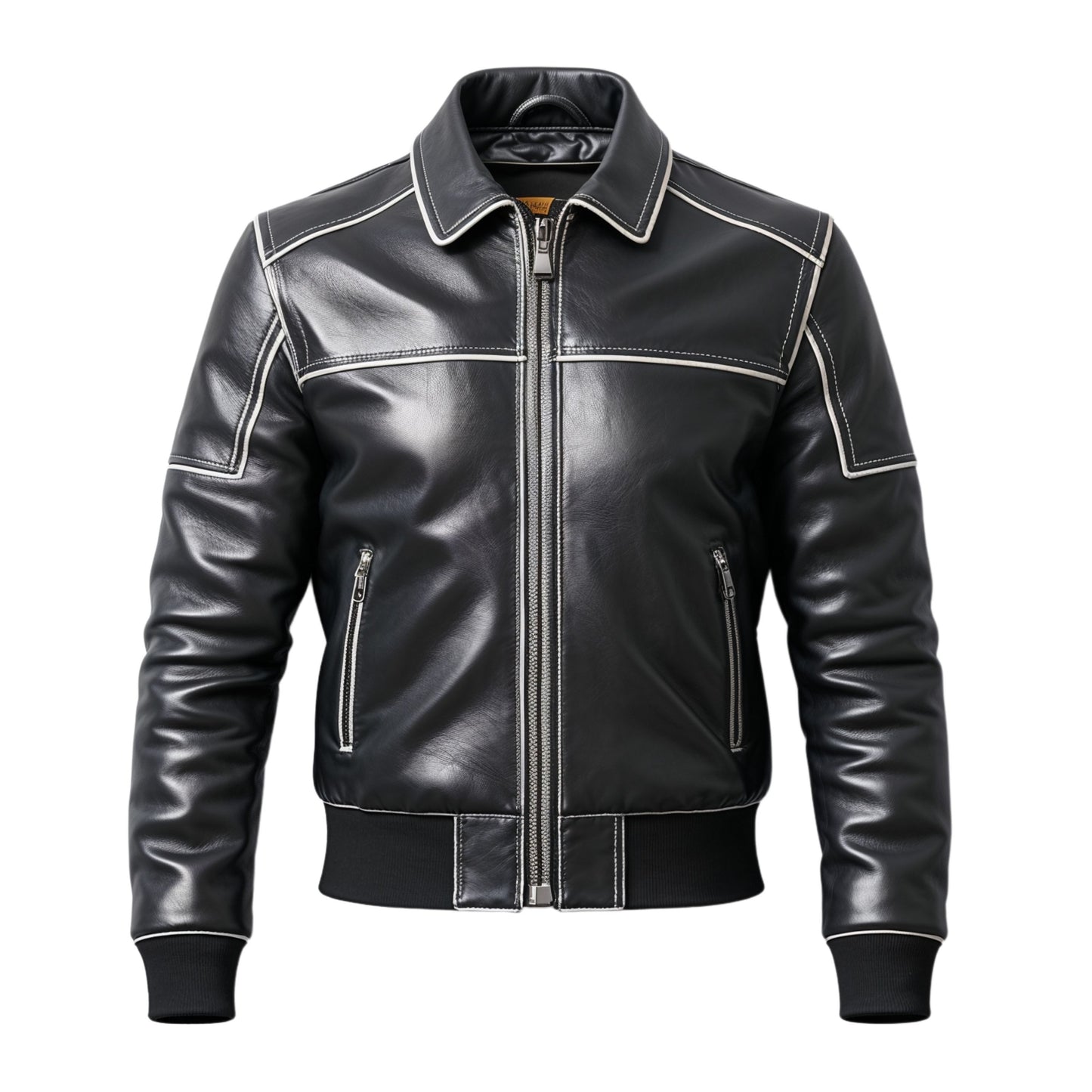 Black Leather Bomber Jacket White Contrast Stitching Zip Front Casual Lightweight Streetwear Fashion Wear