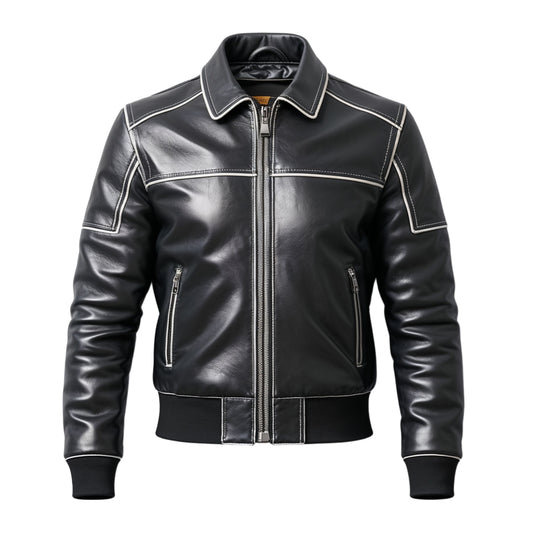 Black Leather Bomber Jacket White Contrast Stitching Zip Front Casual Lightweight Streetwear Fashion Wear