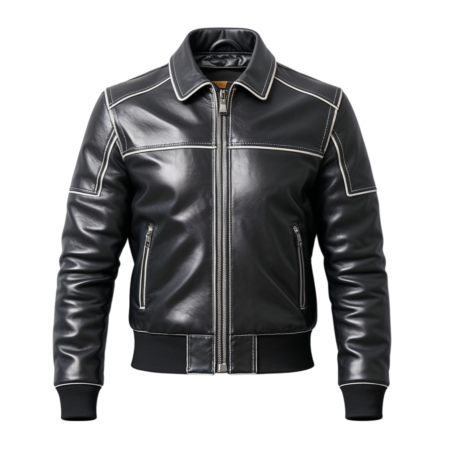 Black Leather Bomber Jacket White Contrast Stitching Zip Front Casual Lightweight Streetwear Fashion Wear