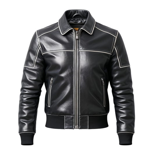 Black Leather Bomber Jacket White Contrast Stitching Zip Front Casual Lightweight Streetwear Fashion Wear
