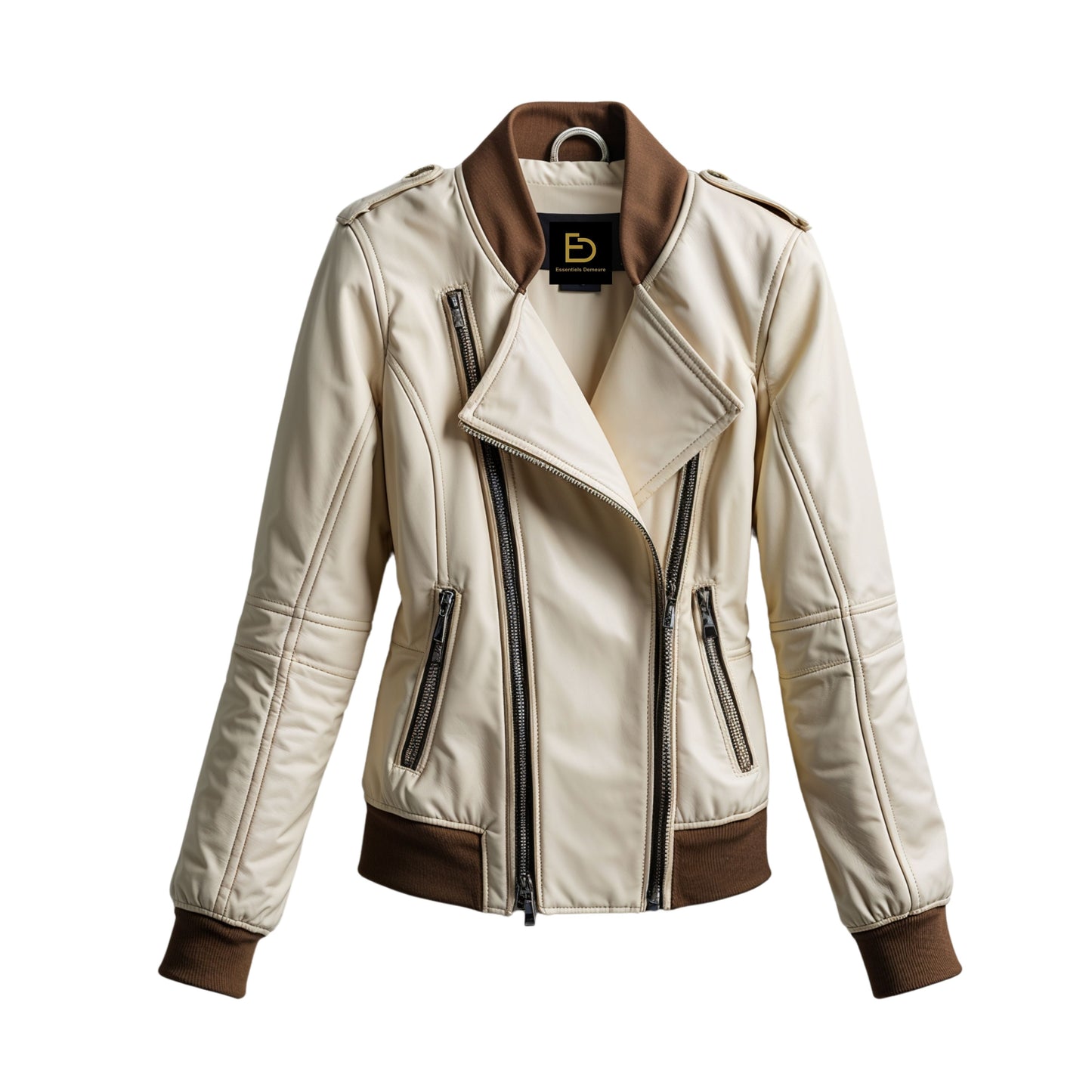 Women's Cream Leather Moto Bomber Jacket with Brown Rib Trim Asymmetric Zip Biker Coat