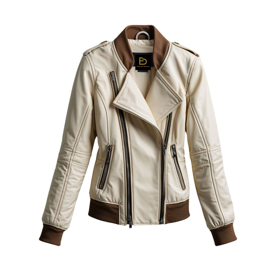 Women's Cream Leather Moto Bomber Jacket with Brown Rib Trim Asymmetric Zip Biker Coat