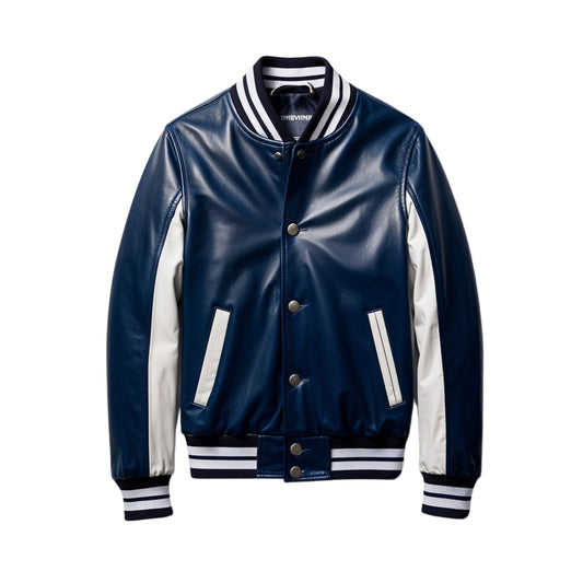 Men's Navy Blue Leather Varsity Bomber Jacket with White Sleeves, Striped Ribbed Trim