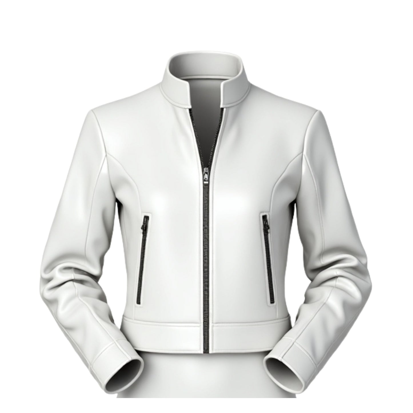 White Real Leather Cropped Jacket: Minimalist Stand Collar Zip Front Slim Fit