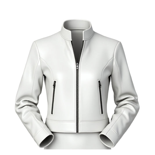 White Real Leather Cropped Jacket: Minimalist Stand Collar Zip Front Slim Fit