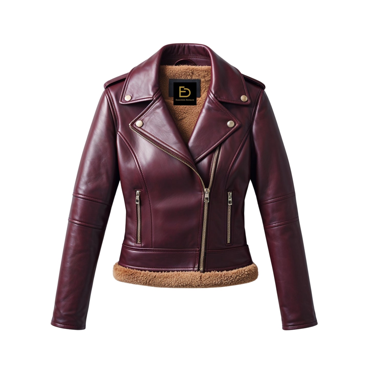 Womens Burgundy Leather Biker Jacket with Faux Fur Lining – Moto Coat Lapel Collar
