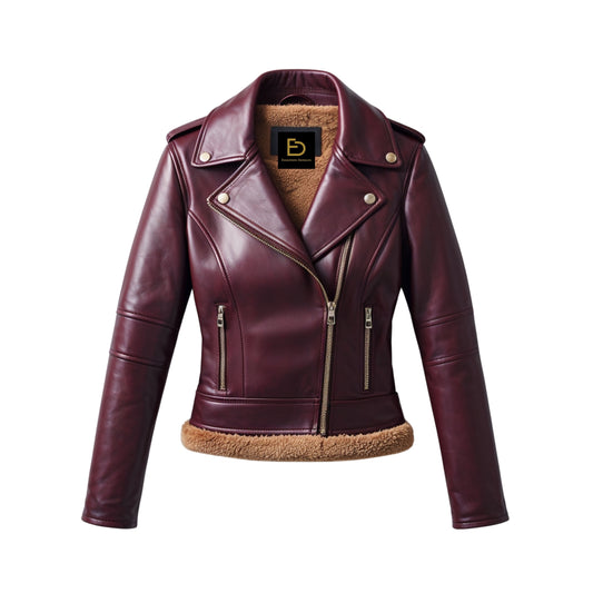 Womens Burgundy Leather Biker Jacket with Faux Fur Lining – Moto Coat Lapel Collar