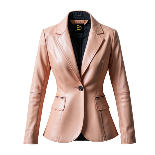 Women's Blush Pink Real Leather Blazer Jacket – Tailored Slim Fit, Notched Lapel
