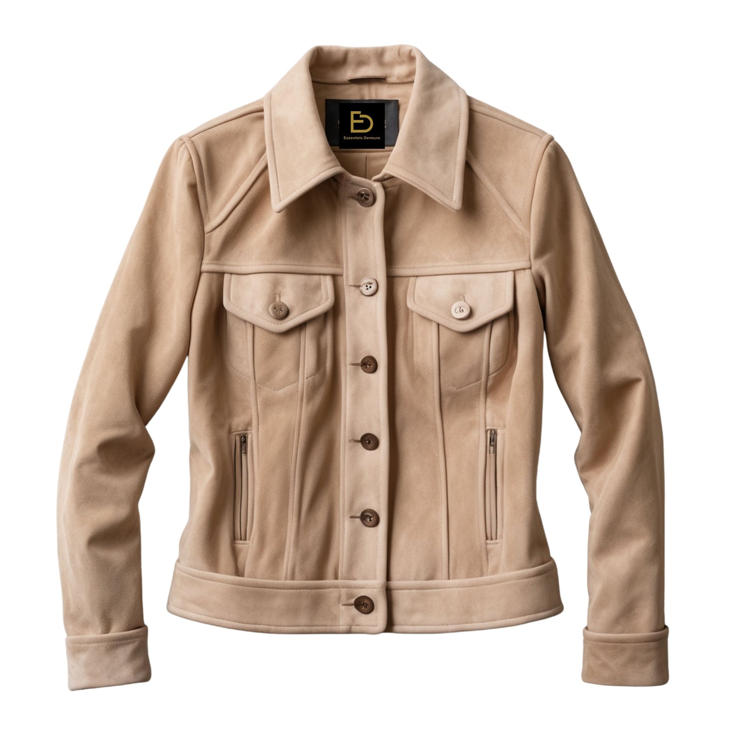 Womens Real Suede Leather Trucker Jacket Beige Button Front Collared Slim Fit Casual Outerwear