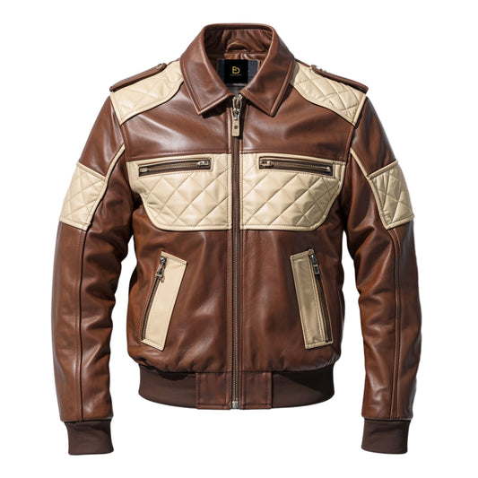 Men's Brown Beige Leather Bomber Jacket Quilted Panels Epaulet Shoulders Classic Style