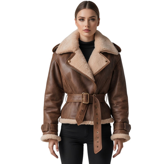 Brown Leather Shearling Aviator Jacket with Cream Sheepskin Collar Cuffs
