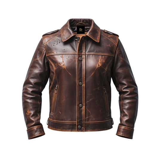 Men Brown Distressed Leather Trucker Jacket Vintage Finish Timeless Rugged Style Everyday Versatility