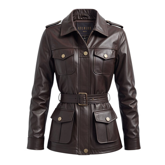 Women's Brown Real Leather Belted Utility Jacket – Military Inspired Cargo Style