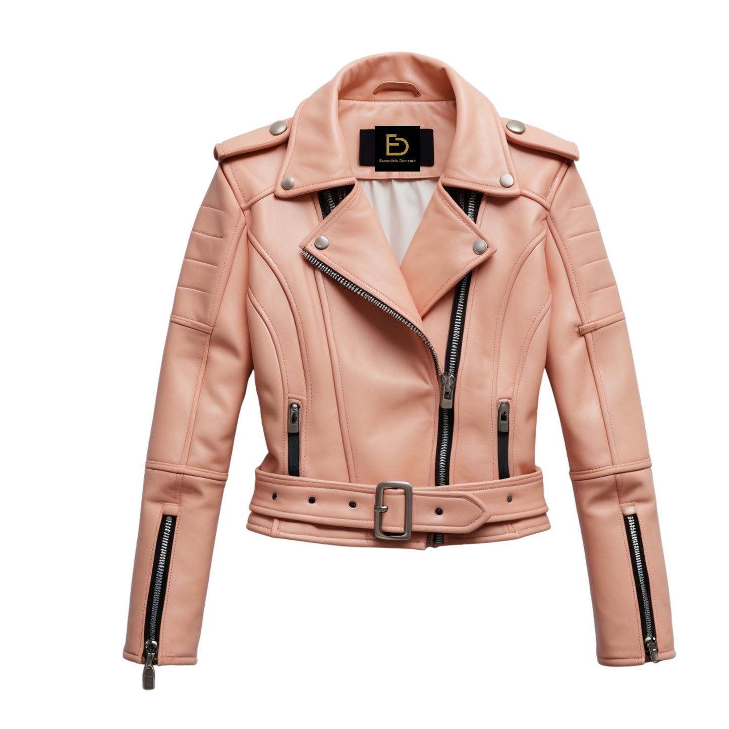 Peach Pink Leather Cropped Biker Jacket with Belt and Quilted Shoulders