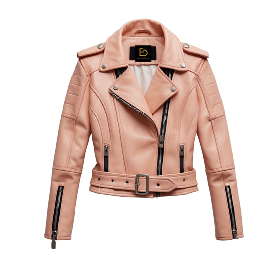 Peach Pink Leather Cropped Biker Jacket with Belt and Quilted Shoulders