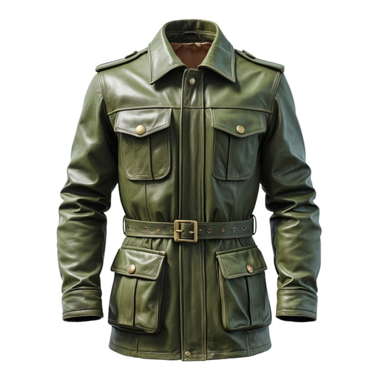 Olive Green Leather Field Jacket: Four Flap Pockets, Adjustable Belt, Epaulets