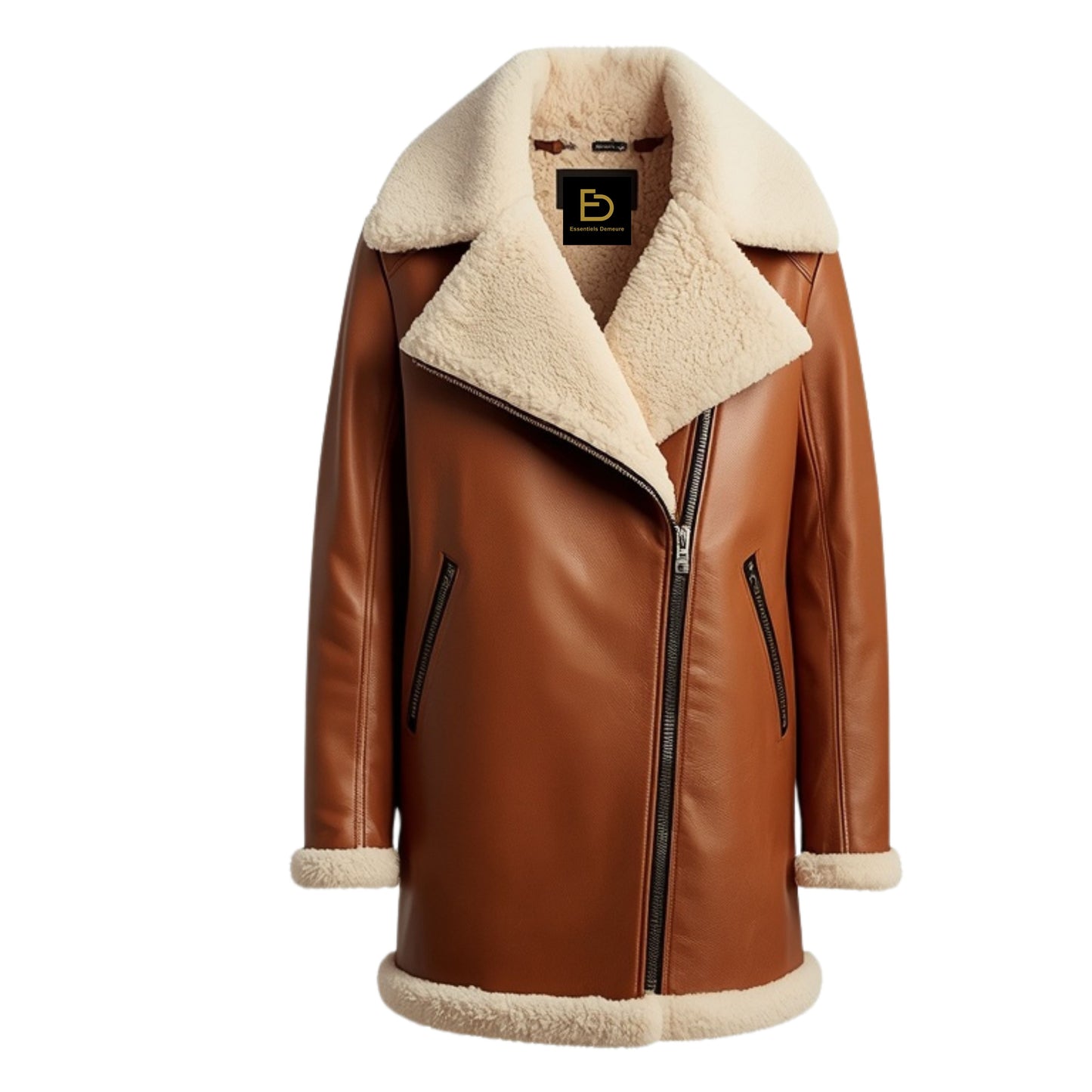 Men's Cognac Leather Shearling Aviator Jacket – Oversized Biker Style Warm Winter Coat