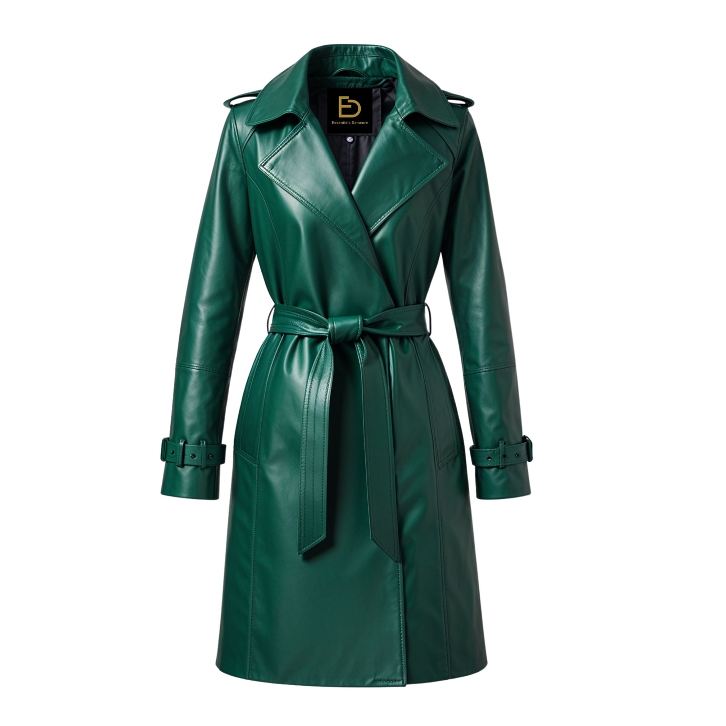 Women Emerald Green Real Leather Trench Coat, Belted Lapel Collar Long Jacket