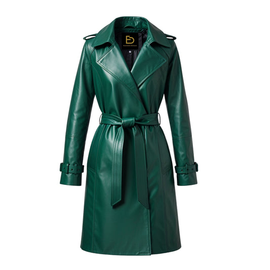 Women Emerald Green Real Leather Trench Coat, Belted Lapel Collar Long Jacket