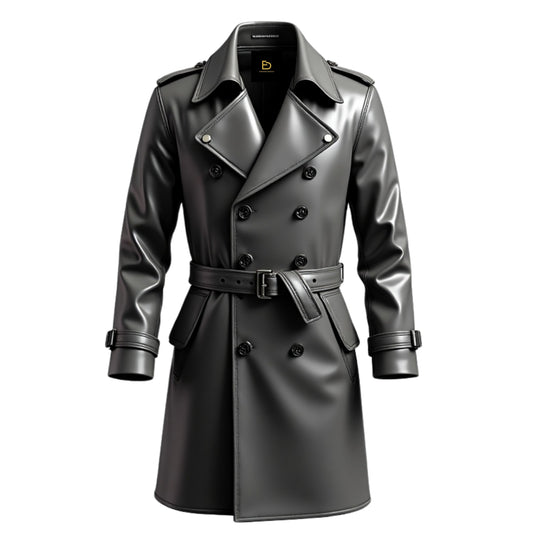Men's Black Real Leather Double Breasted Trench Coat with Belt and Epaulets
