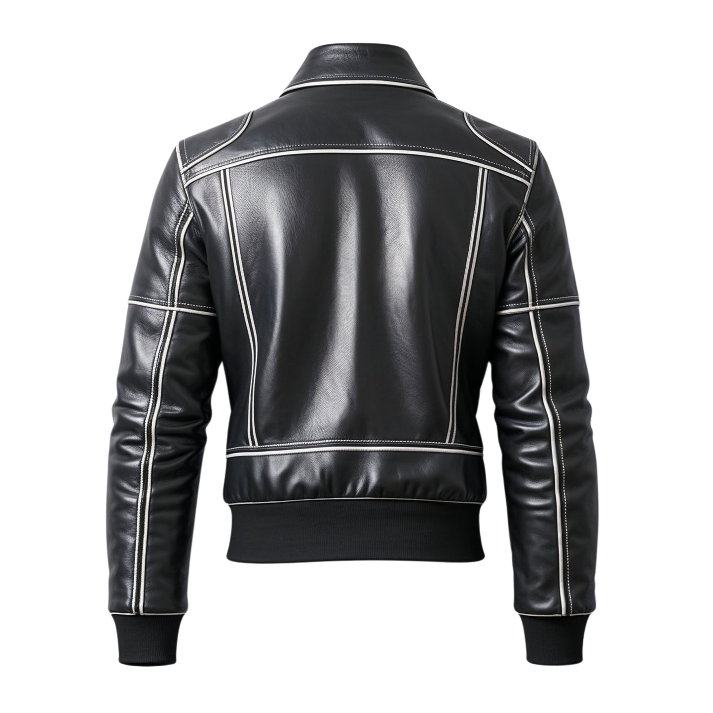 Black Leather Bomber Jacket White Contrast Stitching Zip Front Casual Lightweight Streetwear Fashion Wear