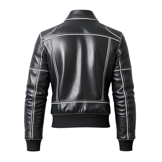 Black Leather Bomber Jacket White Contrast Stitching Zip Front Casual Lightweight Streetwear Fashion Wear