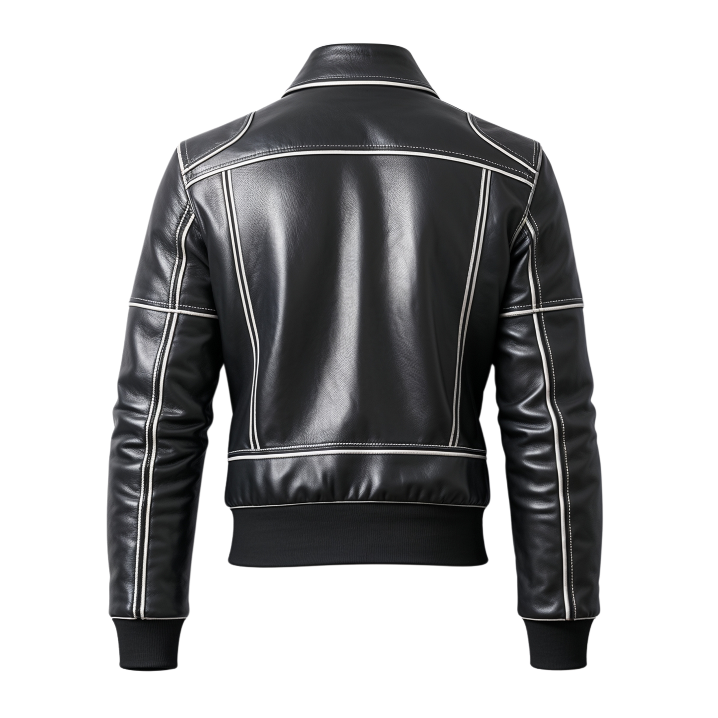 Black Leather Bomber Jacket White Contrast Stitching Zip Front Casual Lightweight Streetwear Fashion Wear