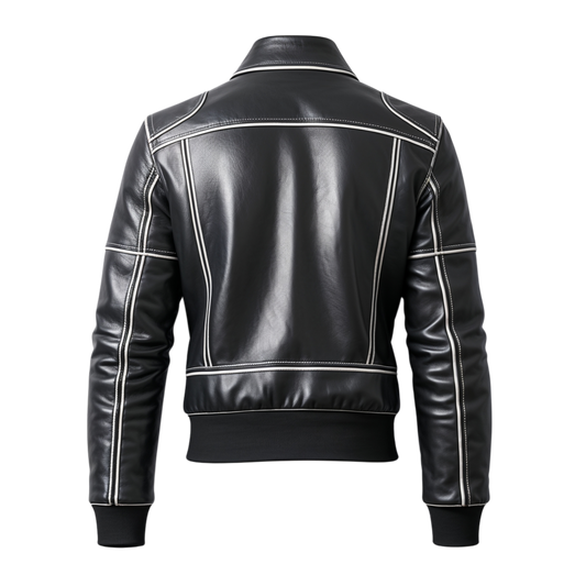 Black Leather Bomber Jacket White Contrast Stitching Zip Front Casual Lightweight Streetwear Fashion Wear