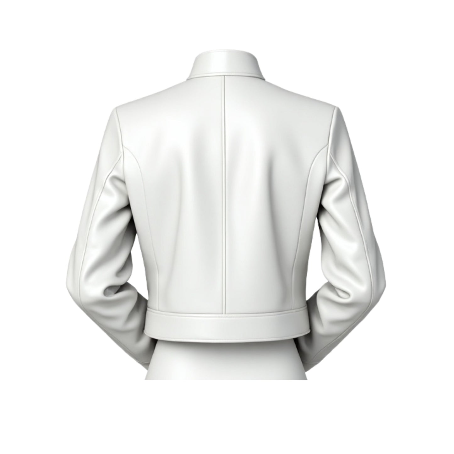White Real Leather Cropped Jacket: Minimalist Stand Collar Zip Front Slim Fit